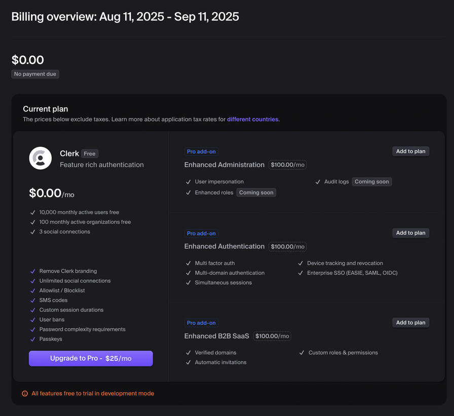 Clerk Settings: Applications > Plan and billing (1)