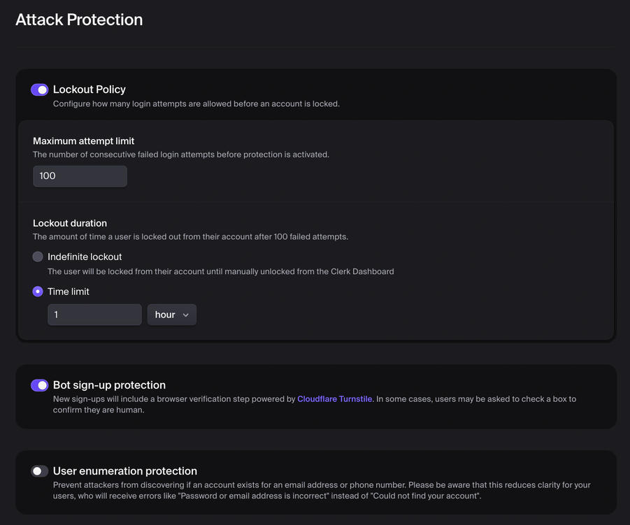 Clerk Settings: Attack protection (bot/brute-force protection)