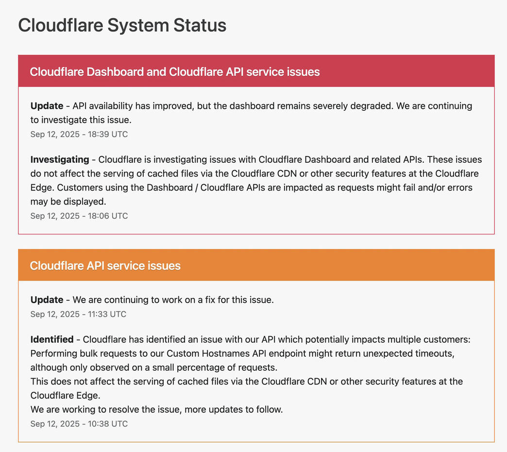 Cloudflare Status: Dashboard/API incident