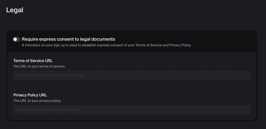 Clerk Settings: Compliance > Legal