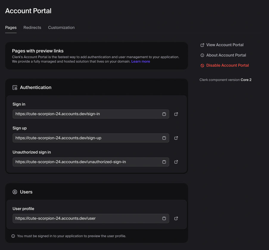 Clerk Settings: Customization > Account portal