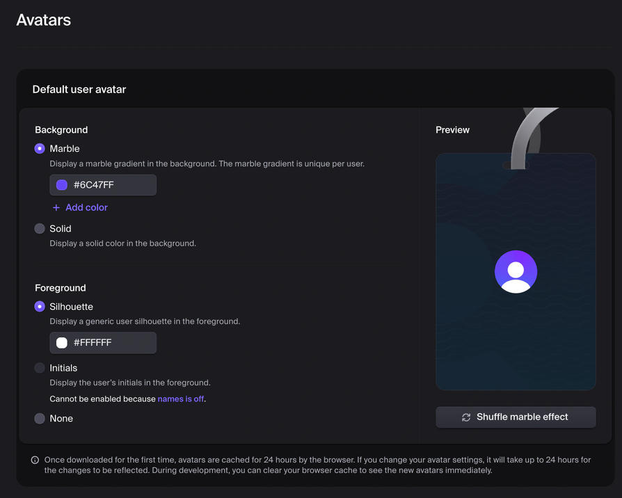 Clerk Settings: Customization > Avatars (1)