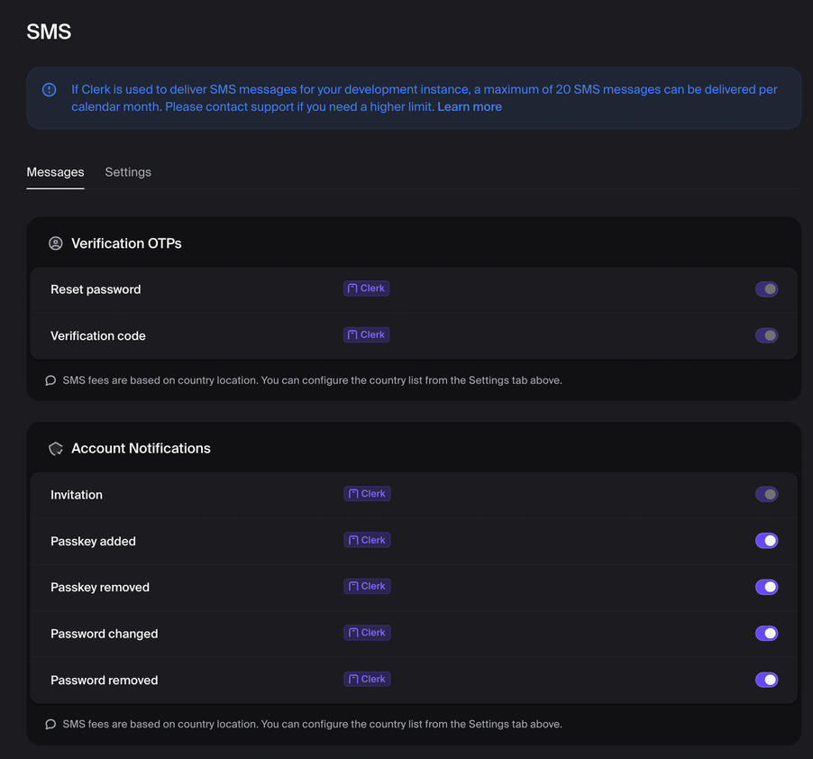 Clerk Settings: Customization > SMS