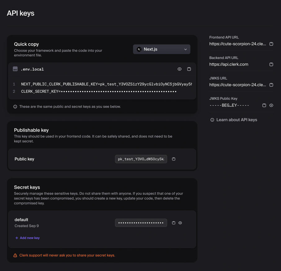 Clerk Settings: Developers > API keys