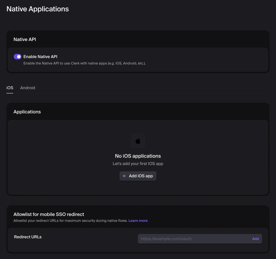 Clerk Settings: Developers > Native applications