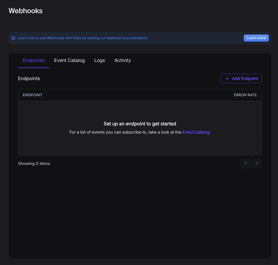 Clerk Settings: Developers > Webhooks