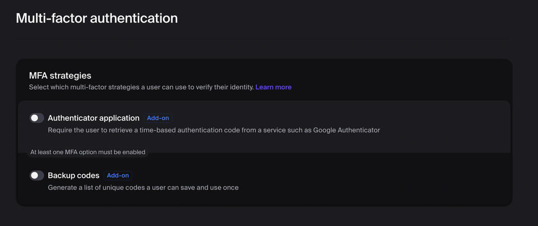 Clerk Settings: Multi-factor (MFA settings)