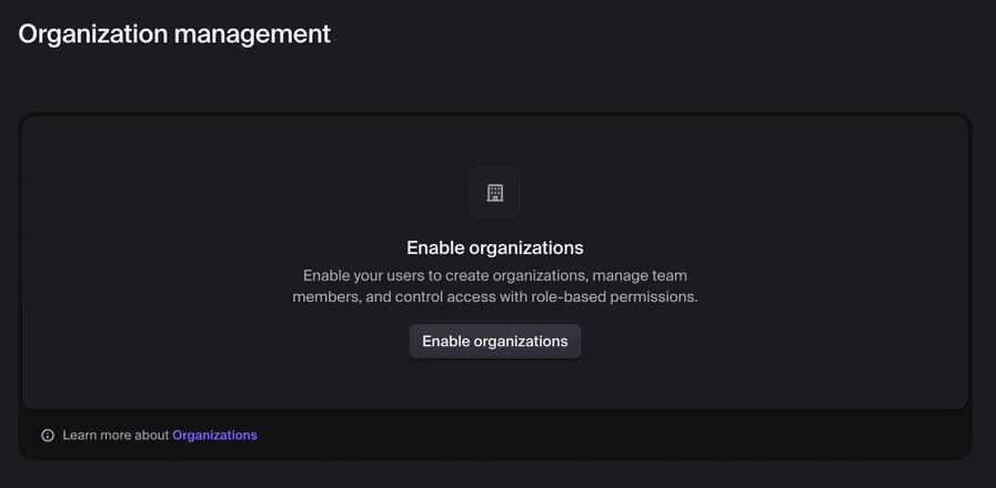 Clerk Settings: Organization management > Settings