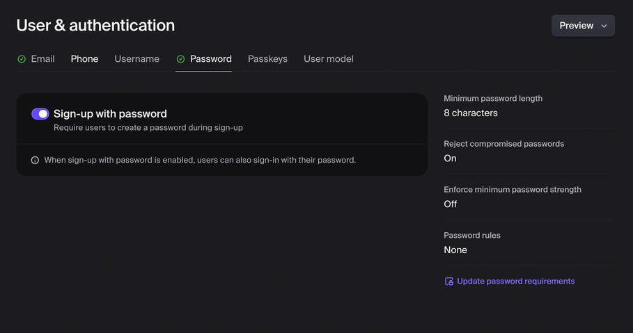 Clerk Settings: Password protection (reject compromised passwords)