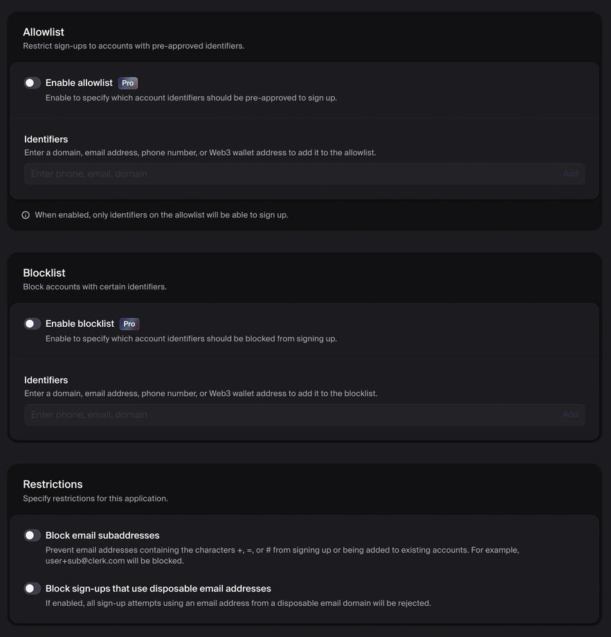 Clerk Settings: Restrictions (allowlist/blocklist)