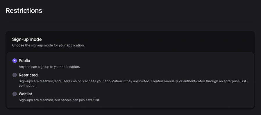Clerk Settings: Restrictions (sign-up mode)