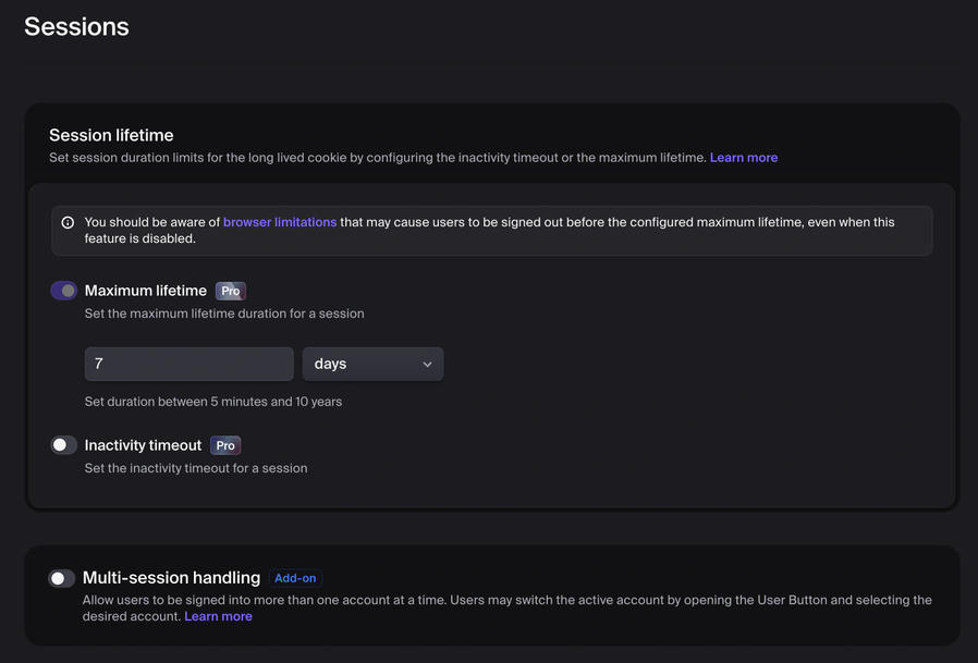 Clerk Settings: Sessions (list)