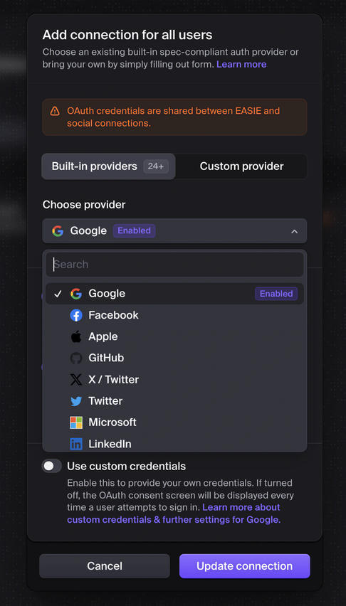 Clerk Settings: SSO connections (providers list)