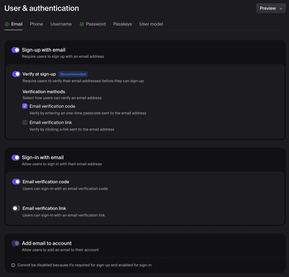 Clerk Settings: User & authentication (sign-in options)