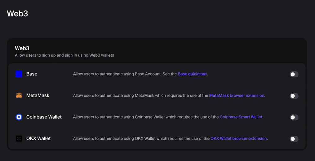 Clerk Settings: Web3 (wallet sign-in settings)